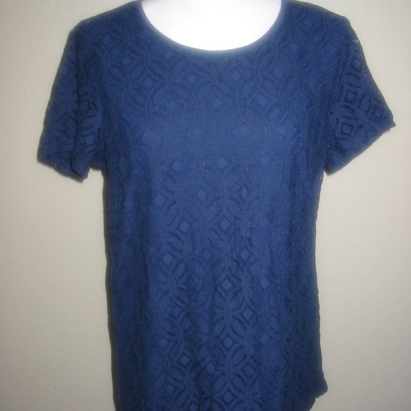 Market & Spruce Navy Hans Crochet Front Mixed Material Top Size Medium M NWT - Picture 1 of 4